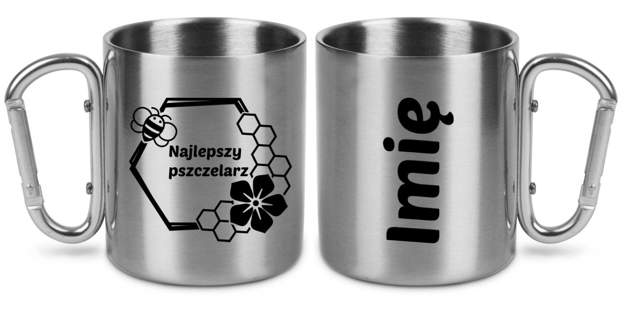 Kubek metalowy ze srebrnym karabińczykiem z nadrukiem „Najlepszy pszczelarz” – pszczelarstwo #10