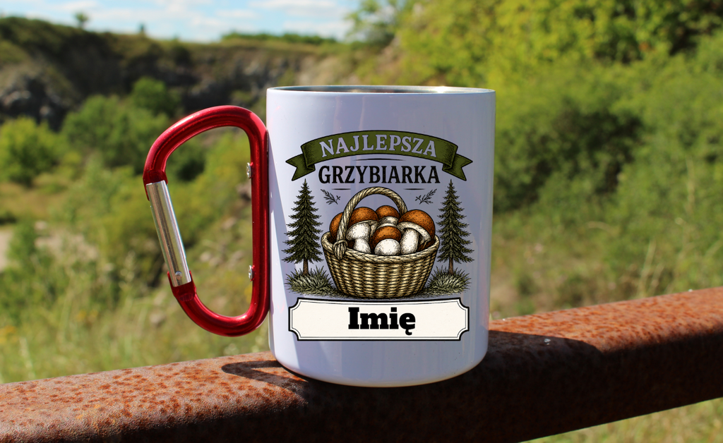 Kubek biały z czerwonym karabińczykiem „Najlepsza Grzybiarka” z imieniem do wyboru – na grzyby #6