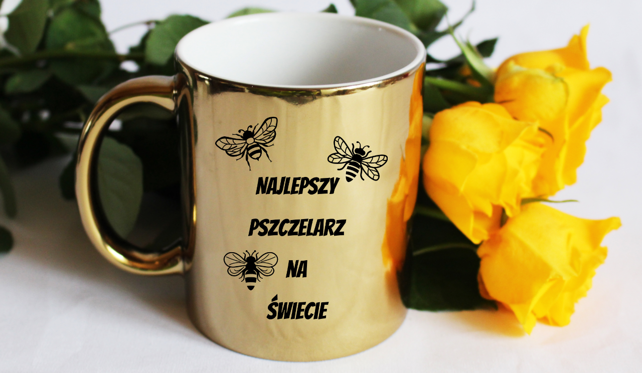 Kubek złoty z nadrukiem "Najlepszy pszczelarz na świecie" - pszczelarstwo #1