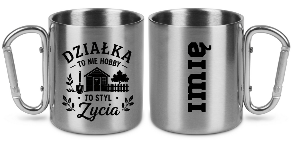 Kubek metalowy z karabińczykiem i nadrukiem „Działka to nie hobby, to styl życia” – na działkę #4