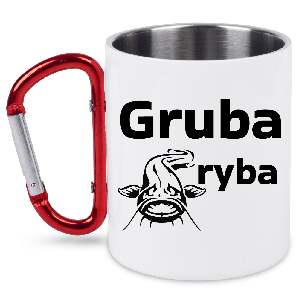 Kubek biały z czerwonym karabińczykiem i nadrukiem "Gruba ryba" – wędkarstwo #12