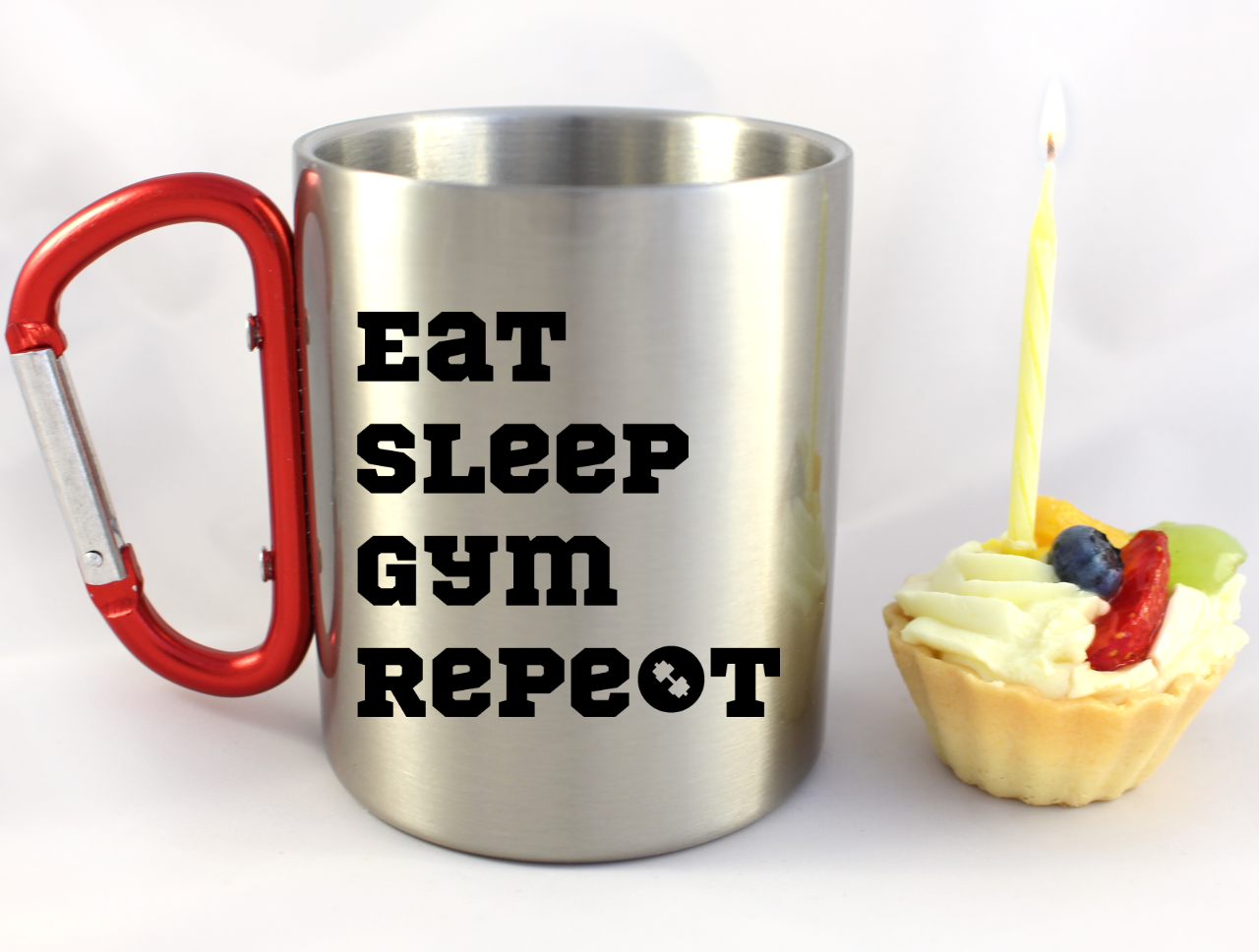 Kubek z czerwonym karabińczykiem i nadrukiem "Eat Sleep Gym Repeat" – na siłownię #7