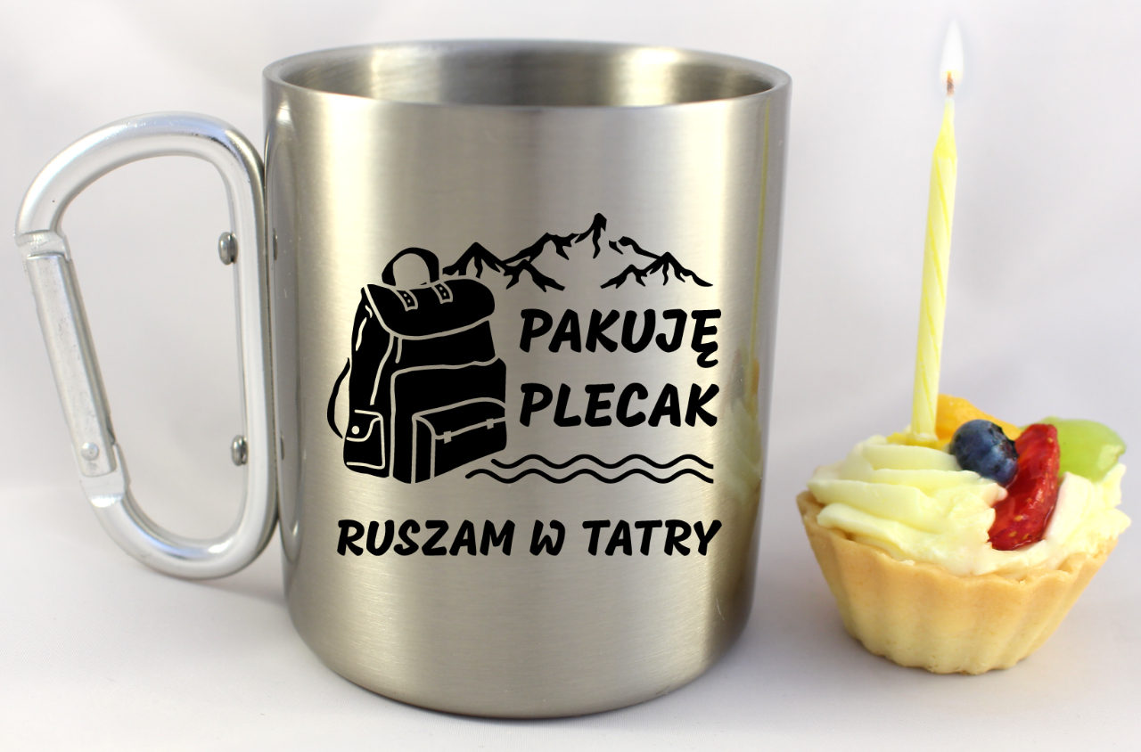 Kubek karabińczyk srebrny z nadrukiem "Pakuję plecak, ruszam w Tatry" - Zakopane, Podhale, góry #1