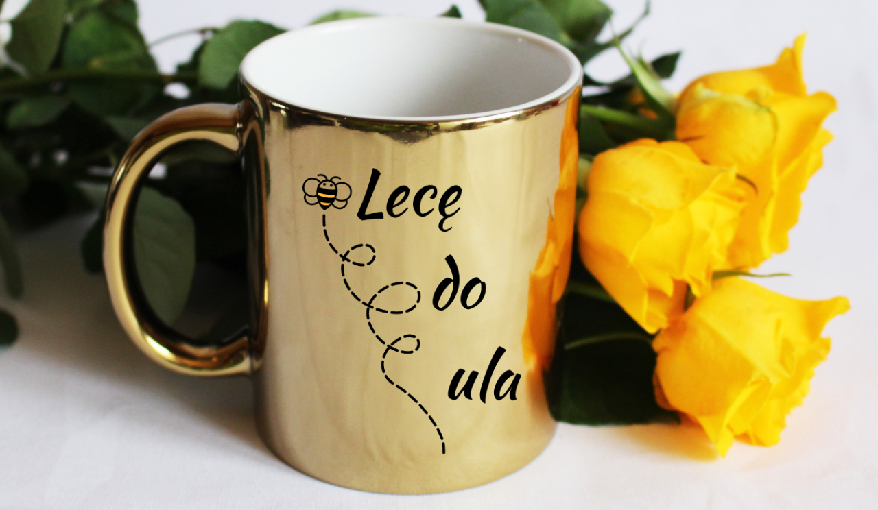 Kubek złoty z nadrukiem „Lecę do ula” – pszczelarstwo #7