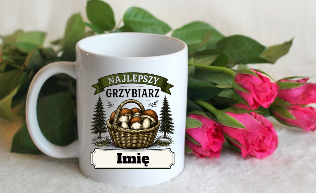 Kubek biały z nadrukiem „Najlepszy Grzybiarz” z imieniem do wyboru – grzyby #5