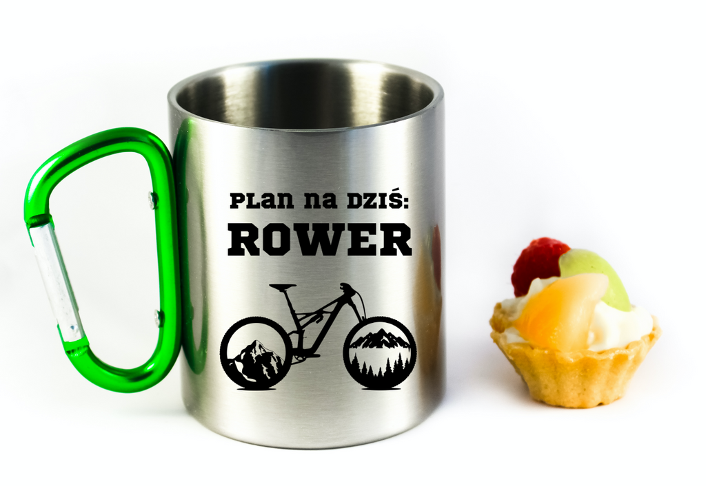 Kubek z zielonym karabińczykiem z nadrukiem „Plan na dziś: rower” – rower #9
