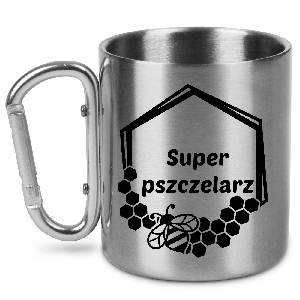 Kubek metalowy ze srebrnym karabińczykiem z nadrukiem „Super pszczelarz” – pszczelarstwo #9