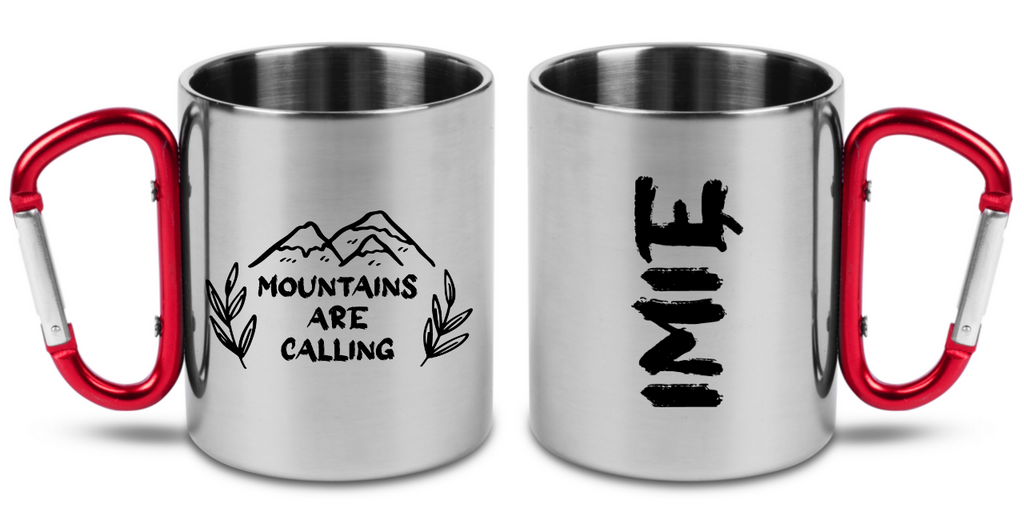 Kubek z czerwonym karabińczykiem i nadrukiem "Mountains are calling" - góry #8