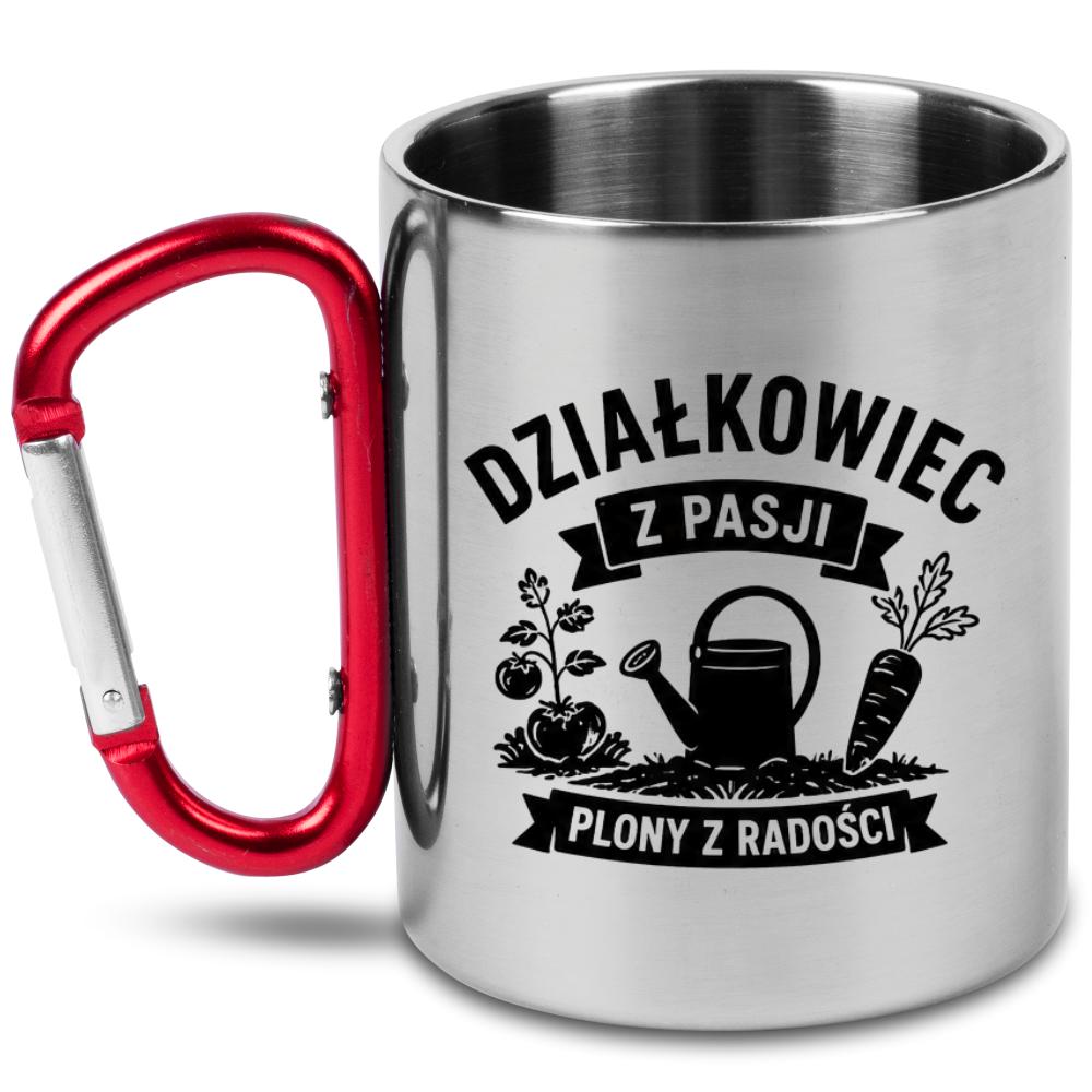 Kubek z czerwonym karabińczykiem „Działkowiec z pasji, plony z radości” – do ogrodu #1