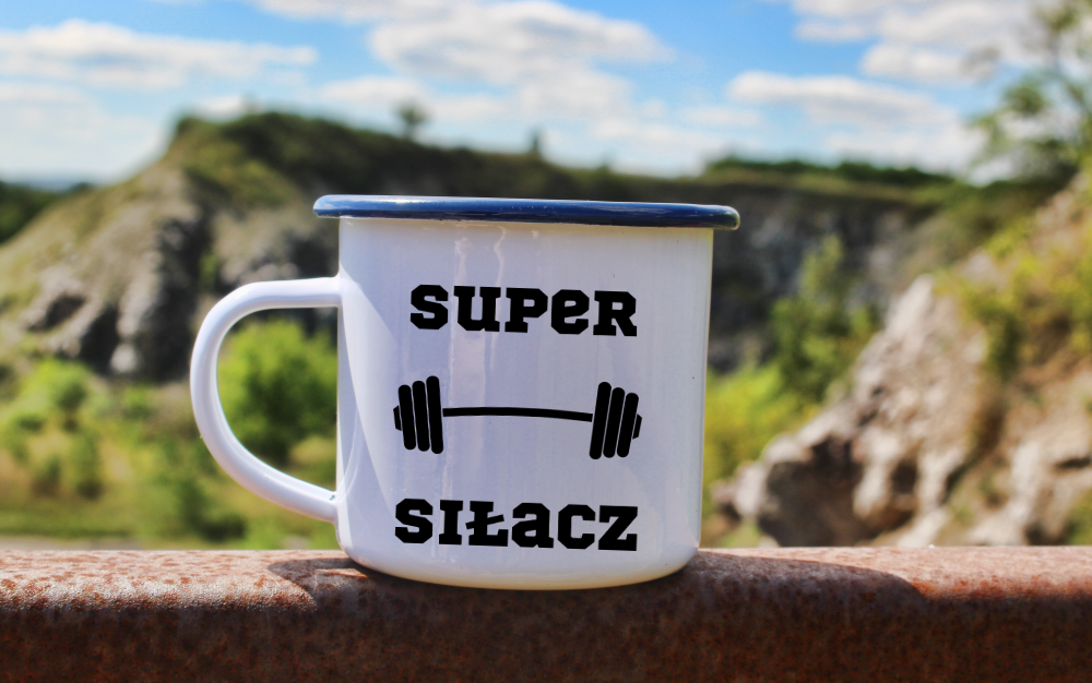 Kubek emaliowany biały z nadrukiem „Super Siłacz” – siłownia #3