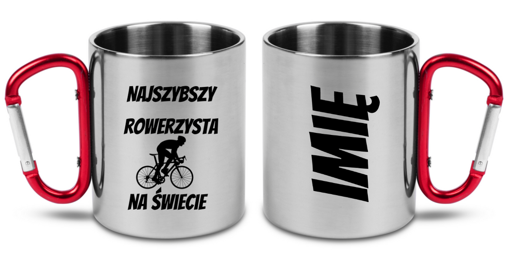 Kubek z czerwonym karabińczykiem i nadrukiem „Najszybszy rowerzysta na świecie” – dla rowerzysty #12