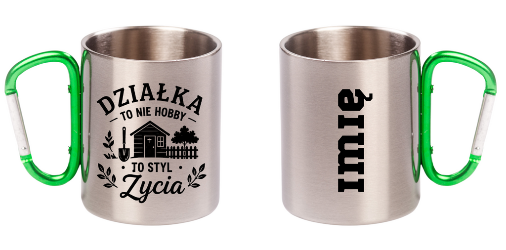Kubek z zielonym karabińczykiem z nadrukiem „Działka to nie hobby, to styl życia” – działka, ogród #4