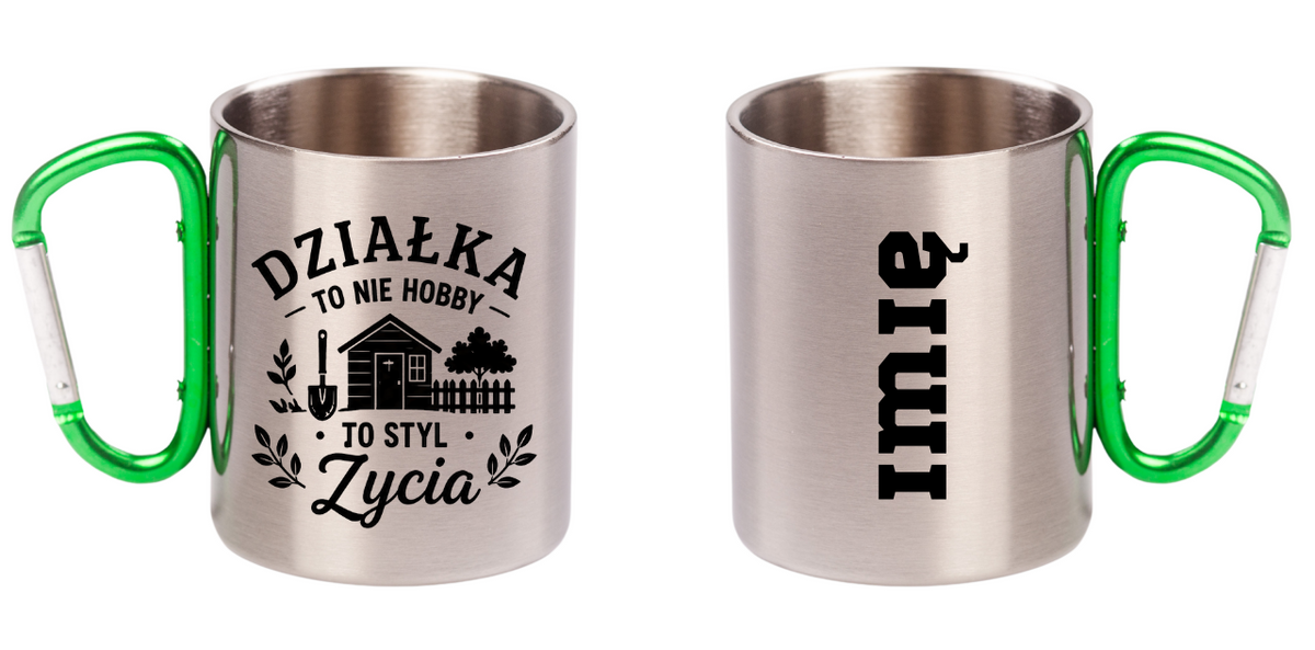 Kubek z zielonym karabińczykiem z nadrukiem „Działka to nie hobby, to styl życia” – działka, ogród #4