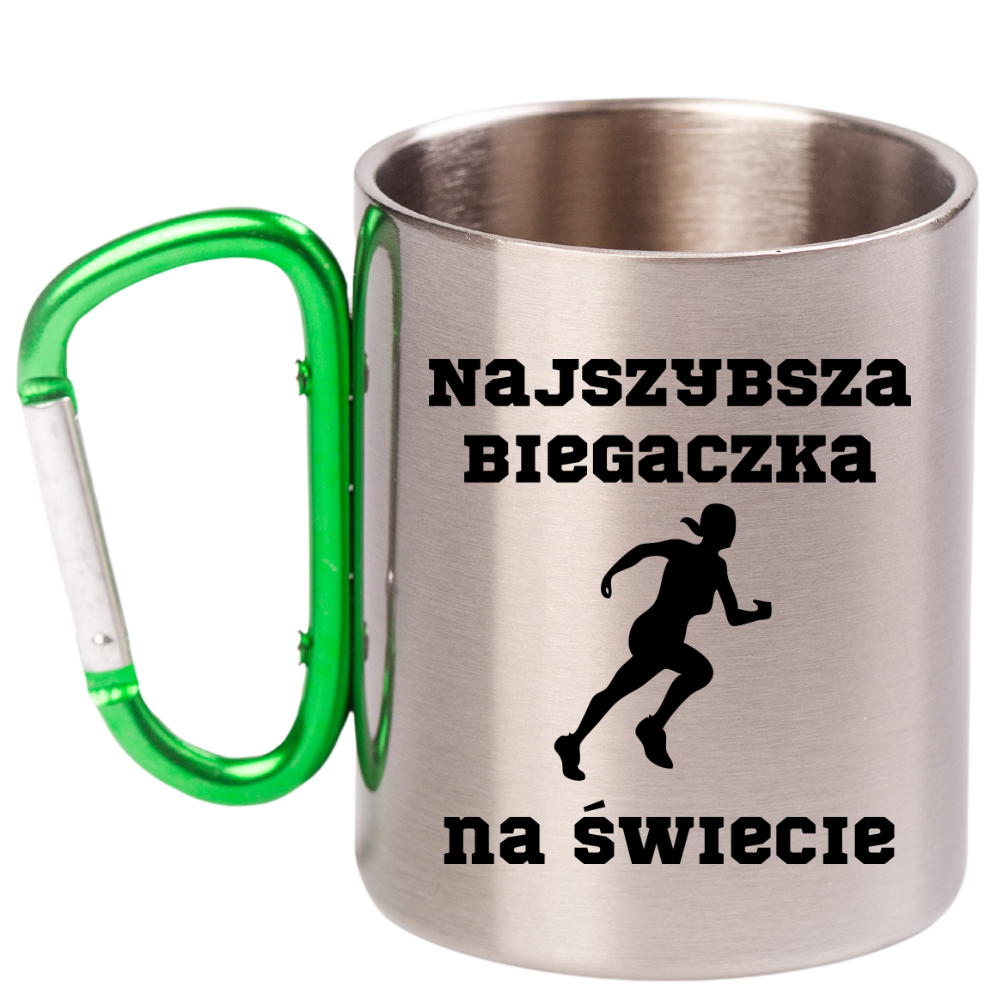 Kubek z karabińczykiem zielonym z nadrukiem "Najszybsza Biegaczka na Świecie" – bieganie #3