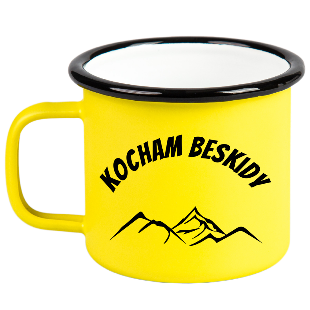 Kubek emaliowany żółty z nadrukiem "Kocham Beskidy" - góry #1