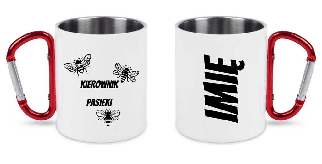 Kubek biały z czerwonym karabińczykiem nadruk "Kierownik pasieki" #2