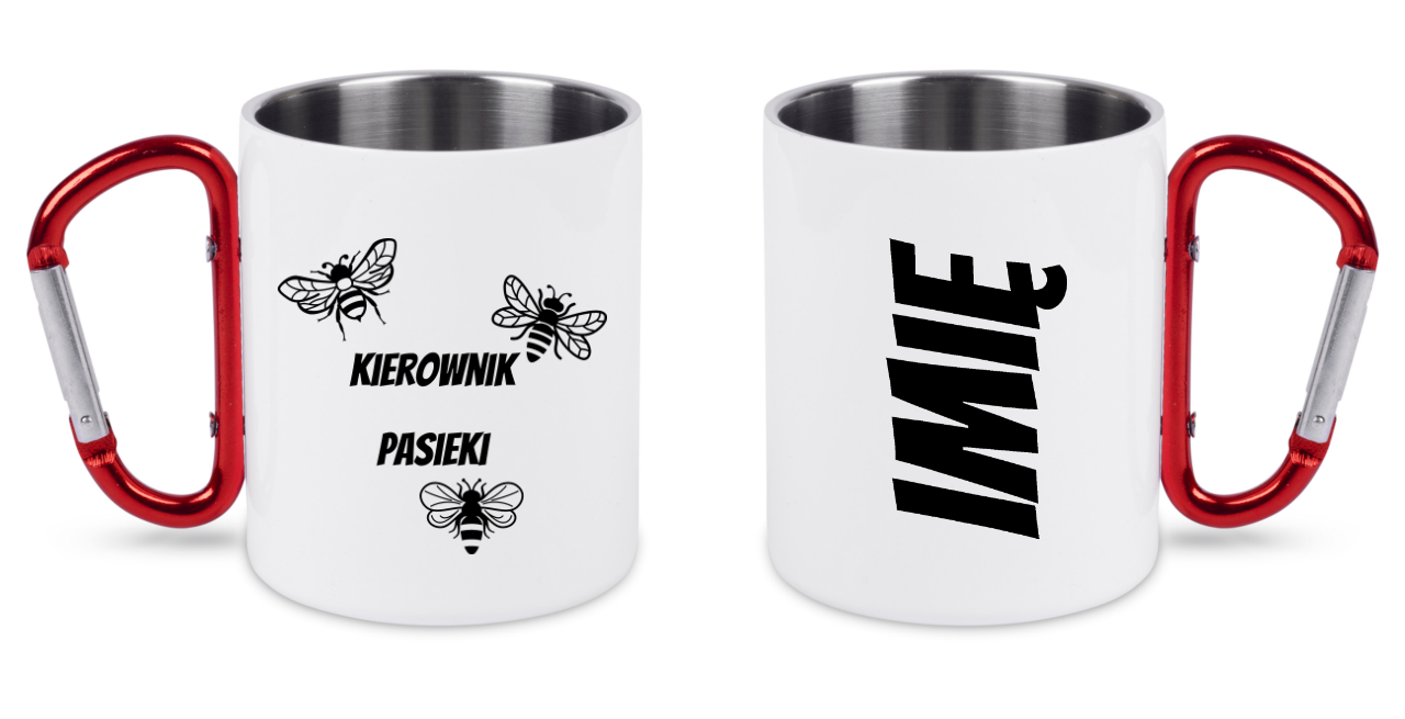 Kubek biały z czerwonym karabińczykiem nadruk "Kierownik pasieki" #2