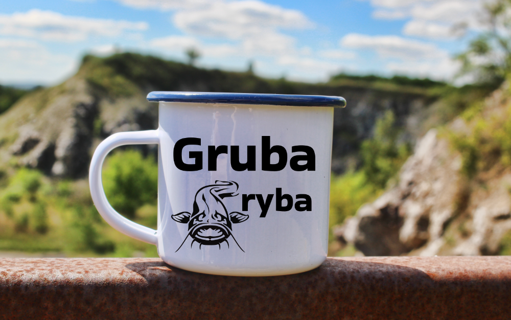 Kubek emaliowany biały z nadrukiem "Gruba ryba" #12