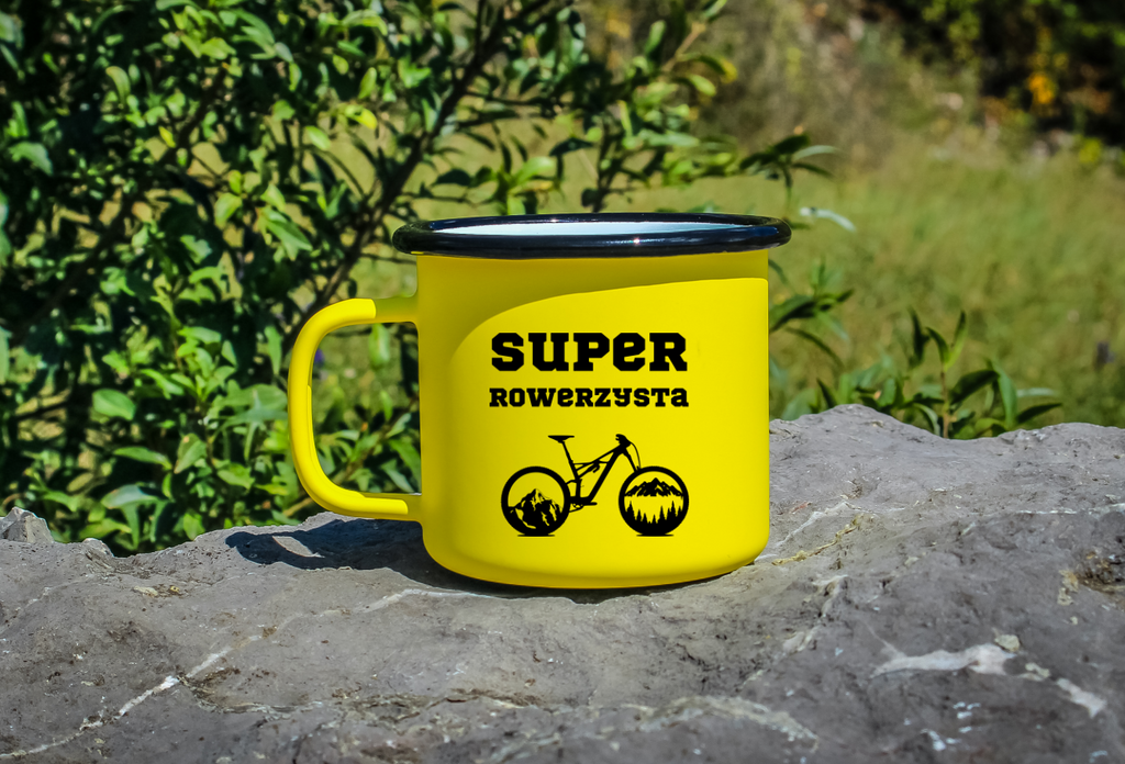 Kubek emaliowany żółty z nadrukiem "Super Rowerzysta" – dla rowerzysty #8