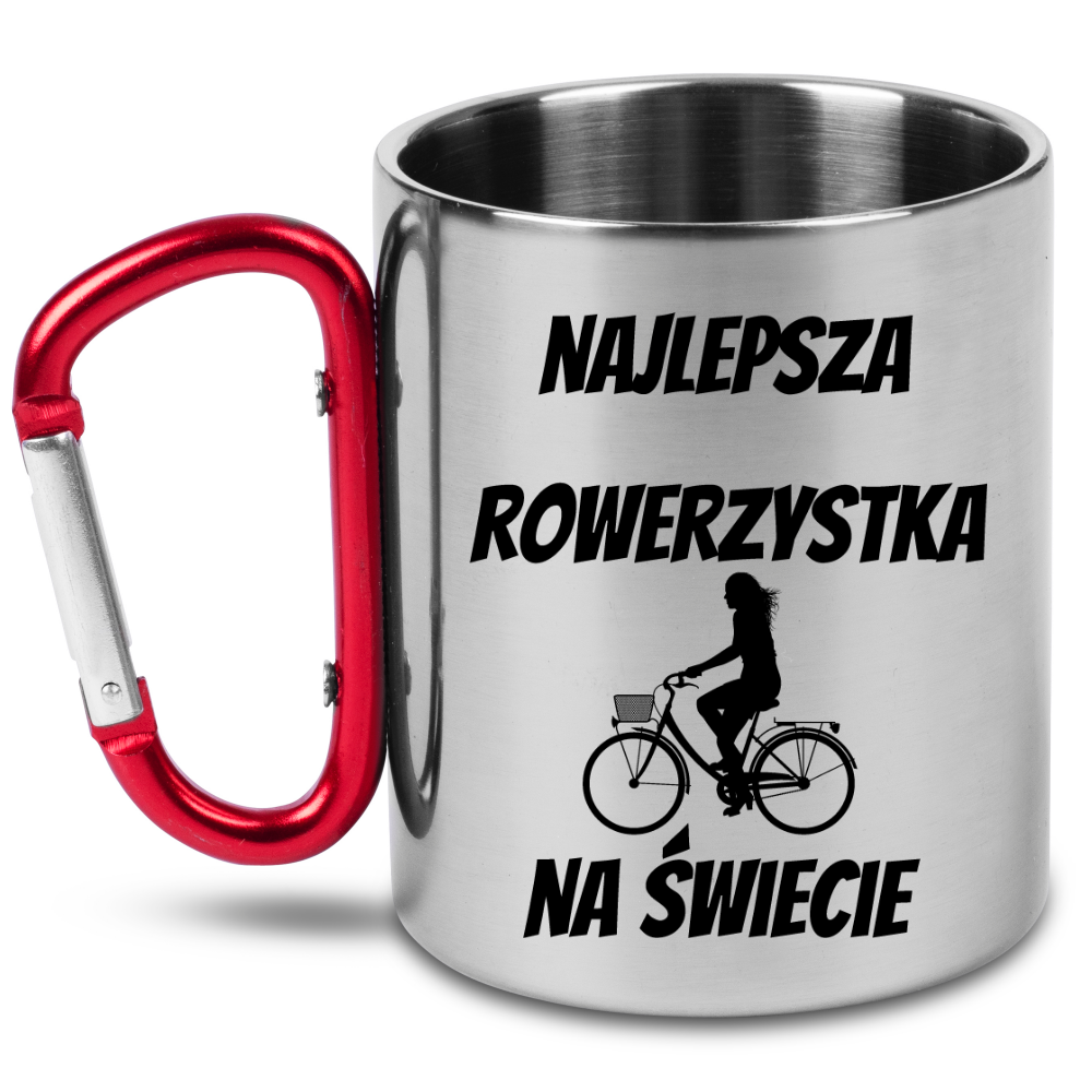Kubek z czerwonym karabińczykiem i nadrukiem "Najlepsza rowerzystka na świecie" – dla rowerzystki #7