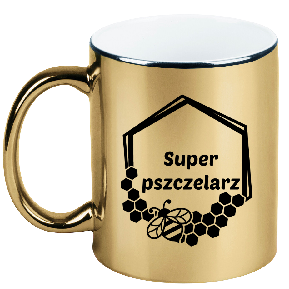 Kubek złoty z nadrukiem „Super pszczelarz” – pszczelarstwo #9