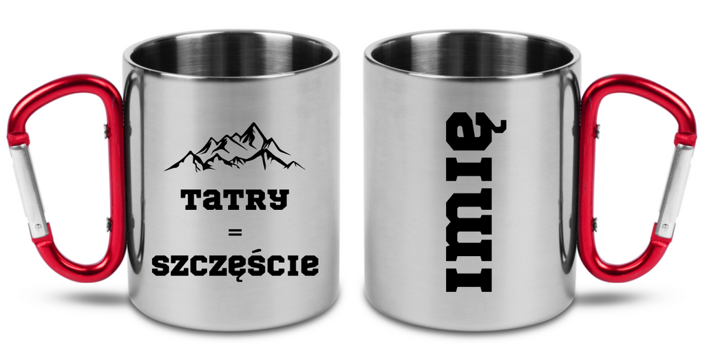 Kubek z czerwonym karabińczykiem i nadrukiem „Tatry = Szczęście” – trekking, góry #4