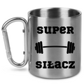 Kubek metalowy srebrny z karabińczykiem i nadrukiem „Super Siłacz” – na siłownię #3
