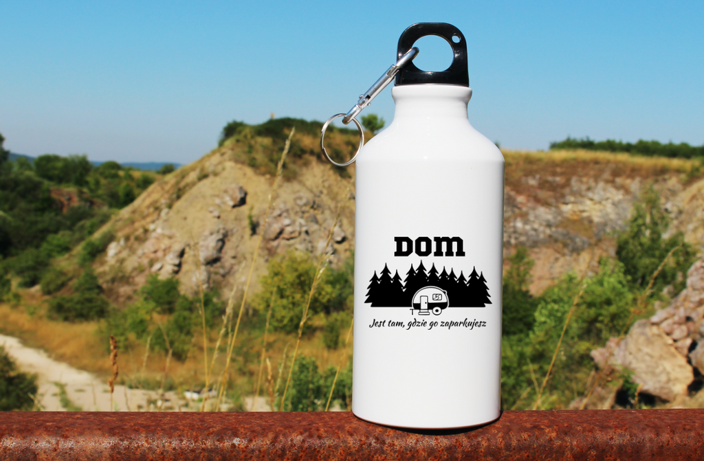 Butelka biała 400 ml z nadrukiem „Dom jest tam, gdzie go zaparkujesz” – podróż, wyprawa #6