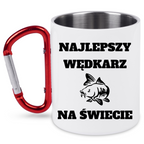 Kubek biały z czerwonym karabińczykiem i nadrukiem "Najlepszy wędkarz na świecie" – wędkarstwo #7