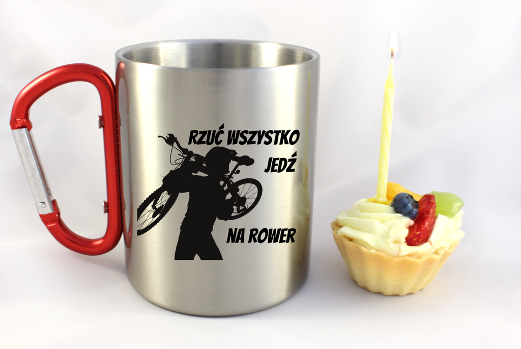 Kubek z czerwonym karabińczykiem i nadrukiem "Rzuć wszystko, jedź na rower" - dla rowerzystów #1
