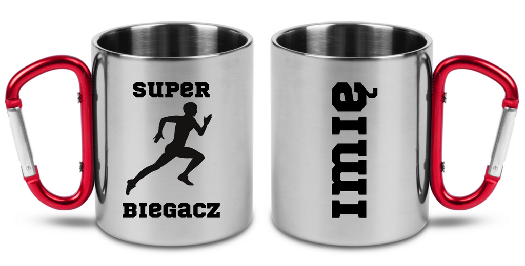 Kubek z czerwonym karabińczykiem nadruk "Super Biegacz" – bieganie #7