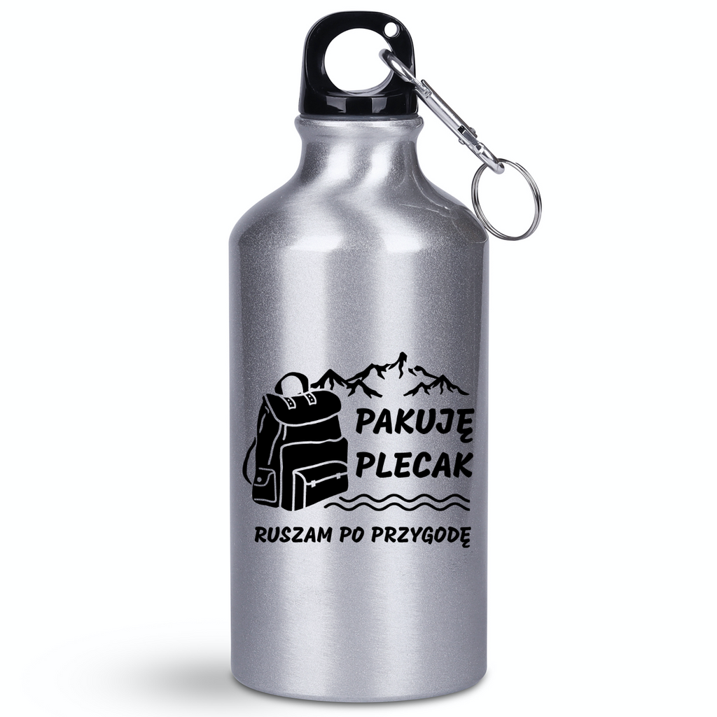 Butelka srebrna 400 ml z nadrukiem „Pakuję plecak, ruszam po przygodę” – przygoda, wyprawa, wycieczka #3