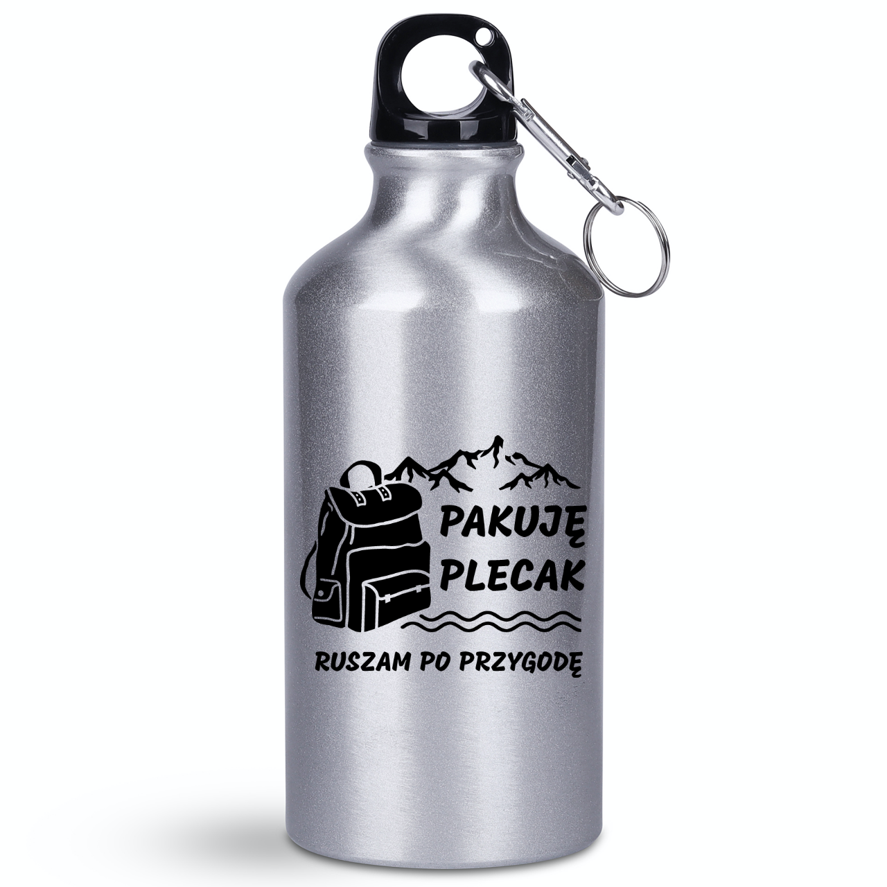 Butelka srebrna 400 ml z nadrukiem „Pakuję plecak, ruszam po przygodę” – przygoda, wyprawa, wycieczka #3