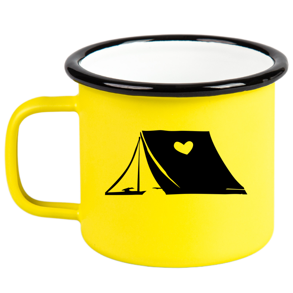Kubek emaliowany żółty z grafiką namiotu i imieniem do wyboru – camping, pod namiot #4