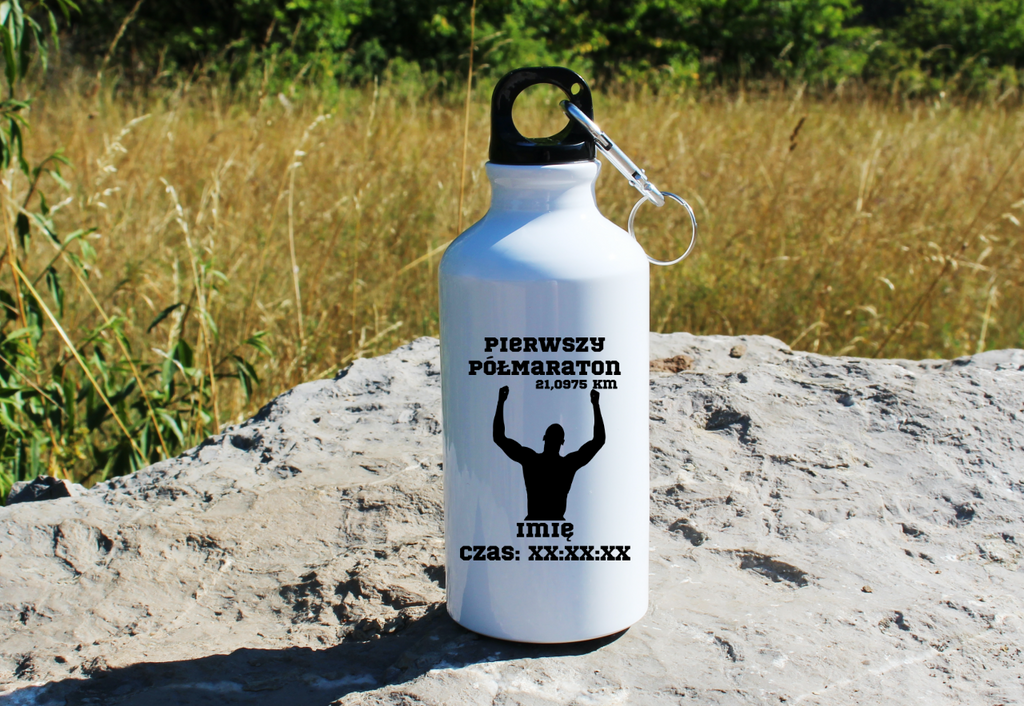 Bidon biały 400 ml z pamiątka po pierwszym półmaratonie + czas i imię – bieganie #9