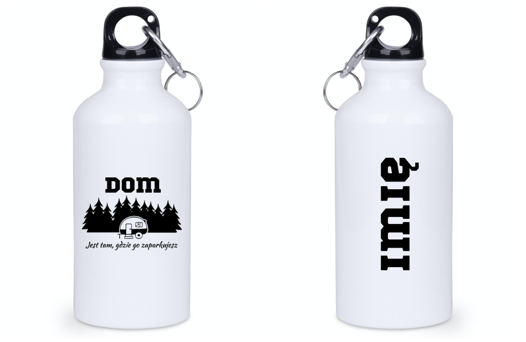 Butelka biała 400 ml z nadrukiem „Dom jest tam, gdzie go zaparkujesz” – podróż, wyprawa #6