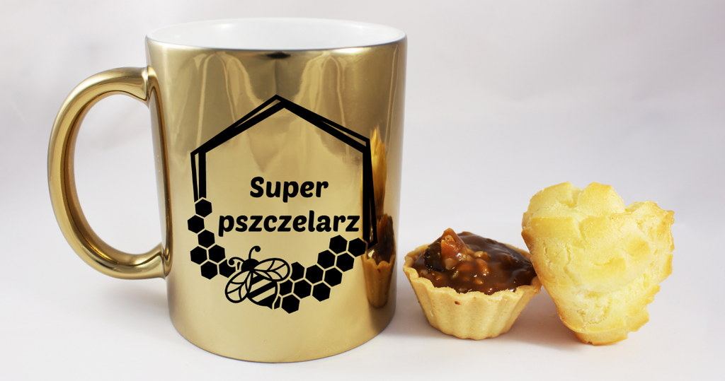 Kubek złoty z nadrukiem „Super pszczelarz” – pszczelarstwo #9