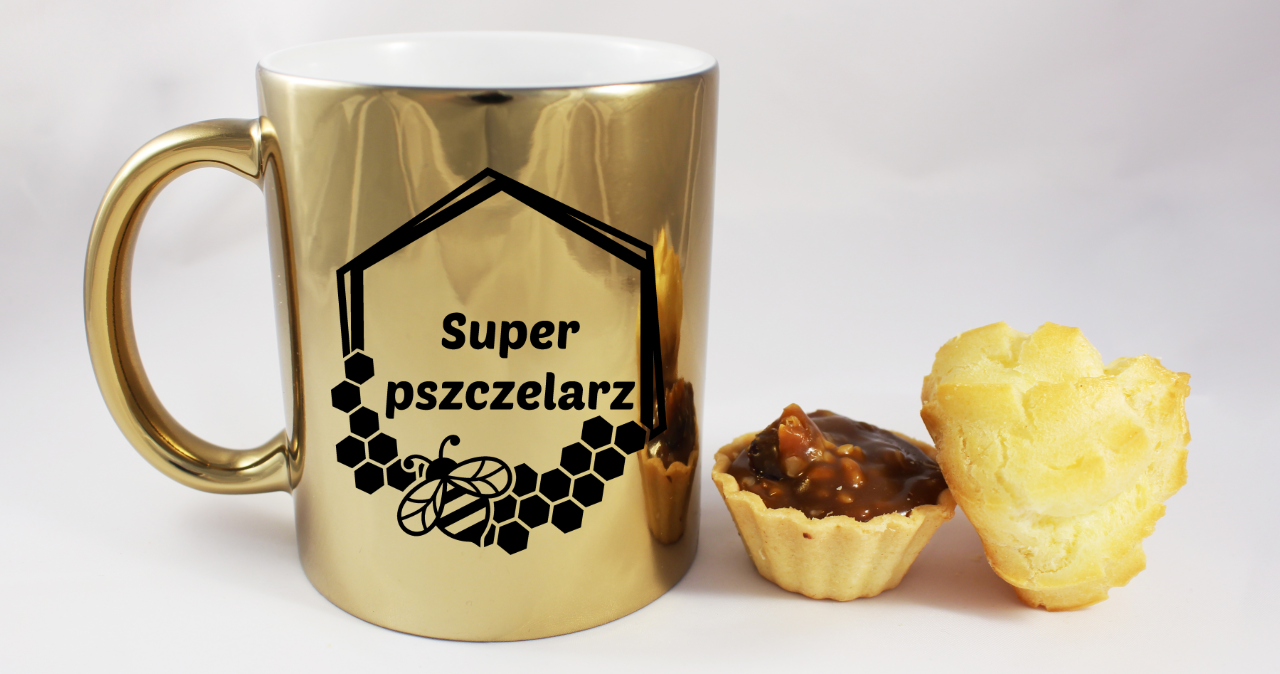 Kubek złoty z nadrukiem „Super pszczelarz” – pszczelarstwo #9