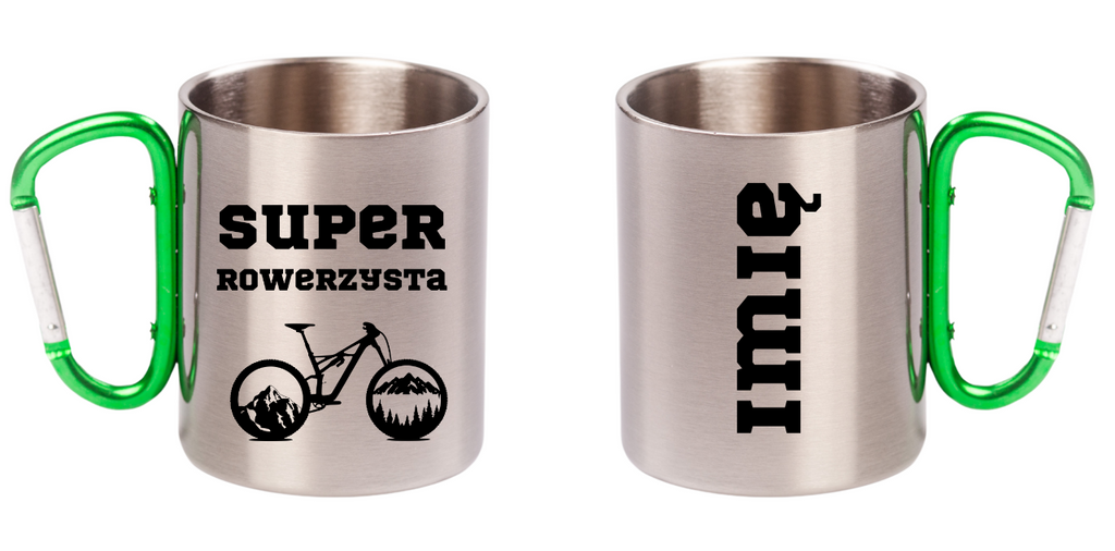 Kubek z zielonym karabińczykiem nadruk "Super Rowerzysta" – rower #8