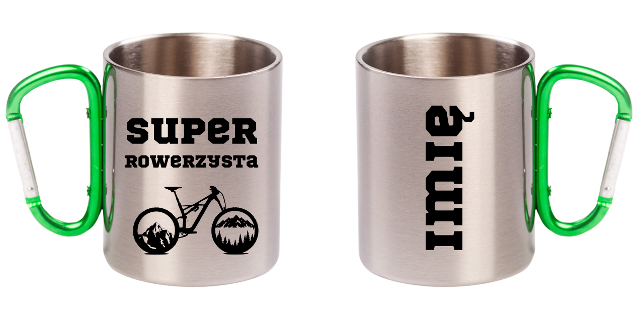 Kubek z zielonym karabińczykiem nadruk "Super Rowerzysta" – rower #8
