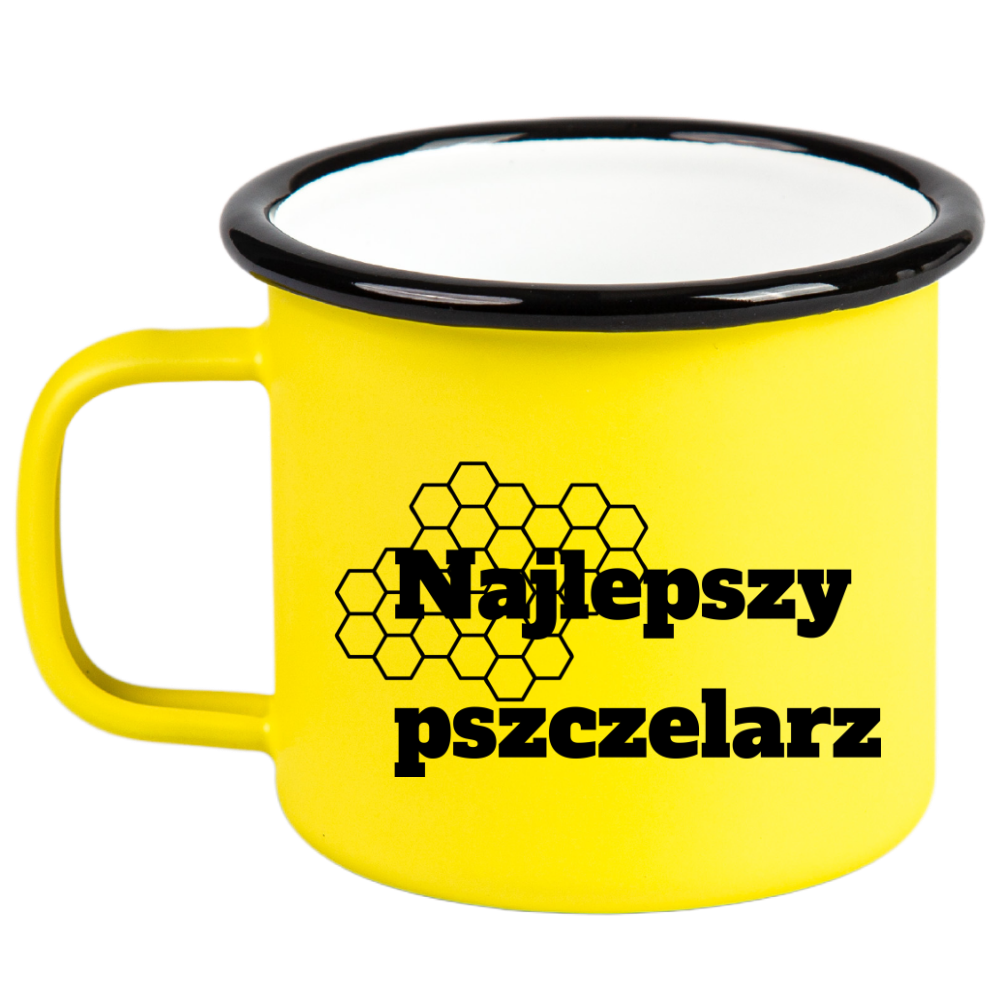Kubek emaliowany żółty z napisem „Najlepszy Pszczelarz” – pszczelarstwo #4