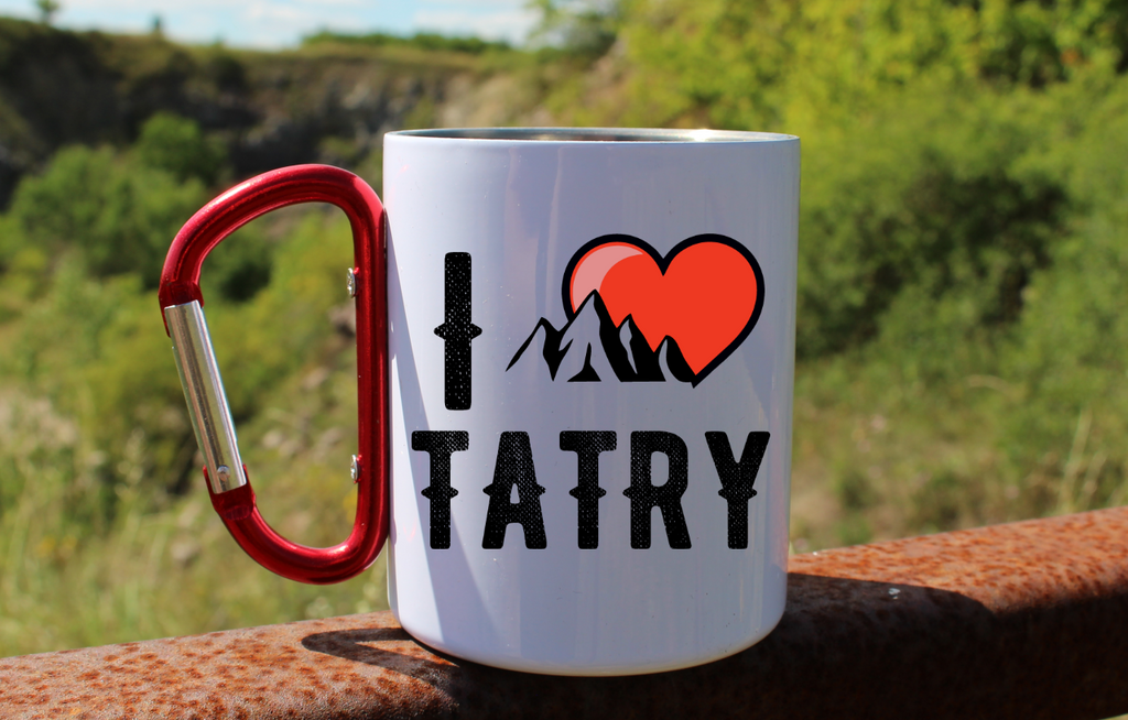Kubek biały z czerwonym karabińczykiem, nadruk „I love Tatry” – góry #10
