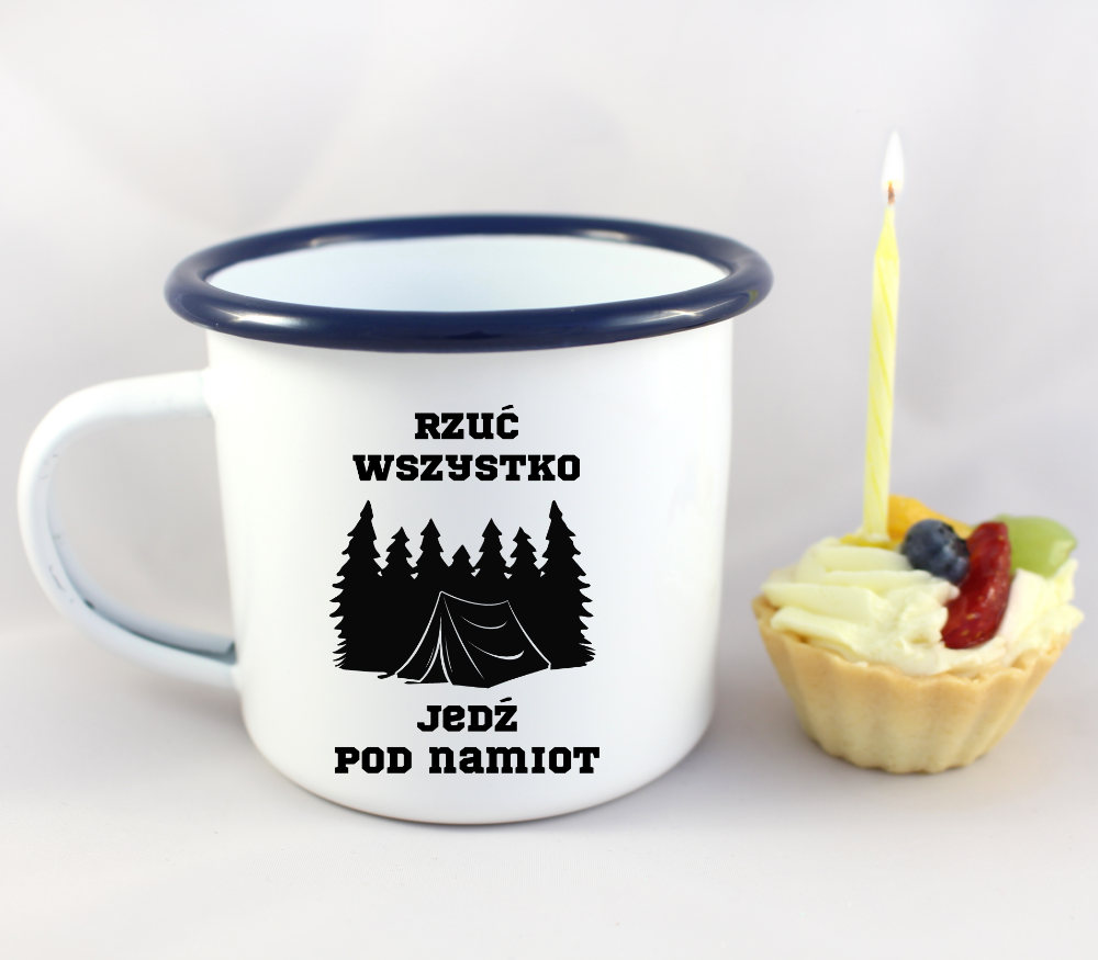 Kubek emaliowany biały z nadrukiem „Rzuć wszystko, jedź pod namiot” – camping, namioty #9