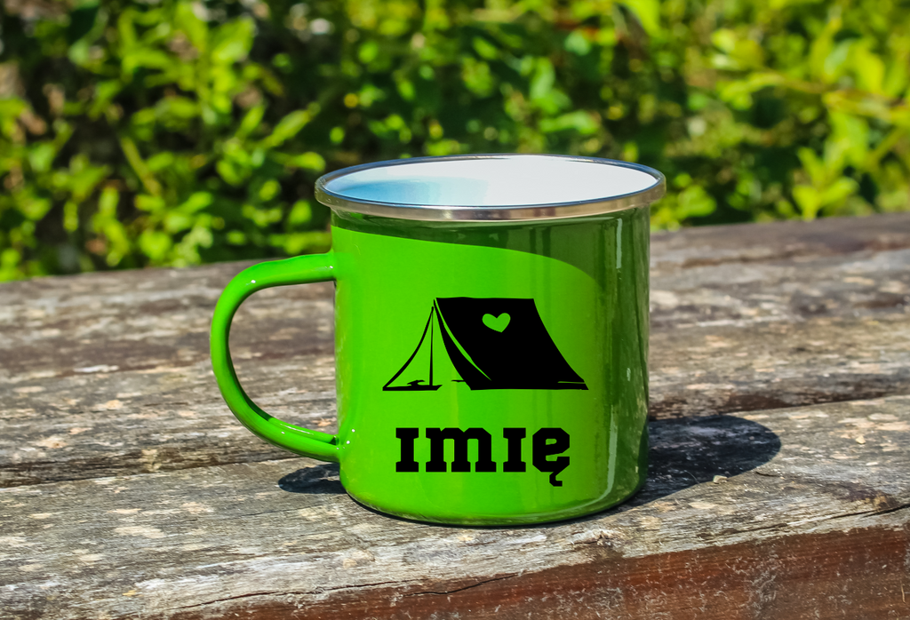 Kubek emaliowany zielony z grafiką namiotu i imieniem do wyboru – camping, pod namiot #4