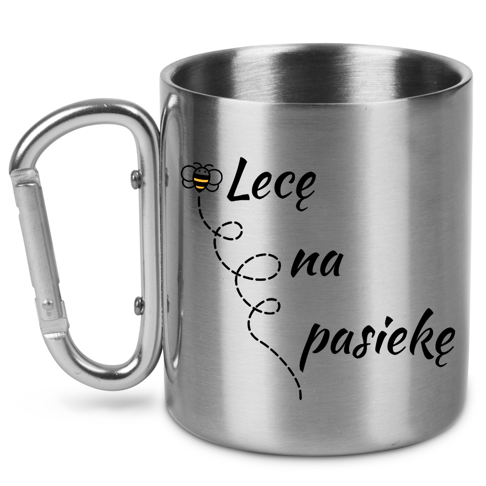 Kubek metalowy ze srebrnym karabińczykiem z nadrukiem „Lecę na pasiekę” – pszczelarstwo #8