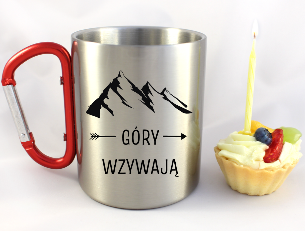 Kubek z czerwonym karabińczykiem i nadrukiem "Góry wzywają" #3
