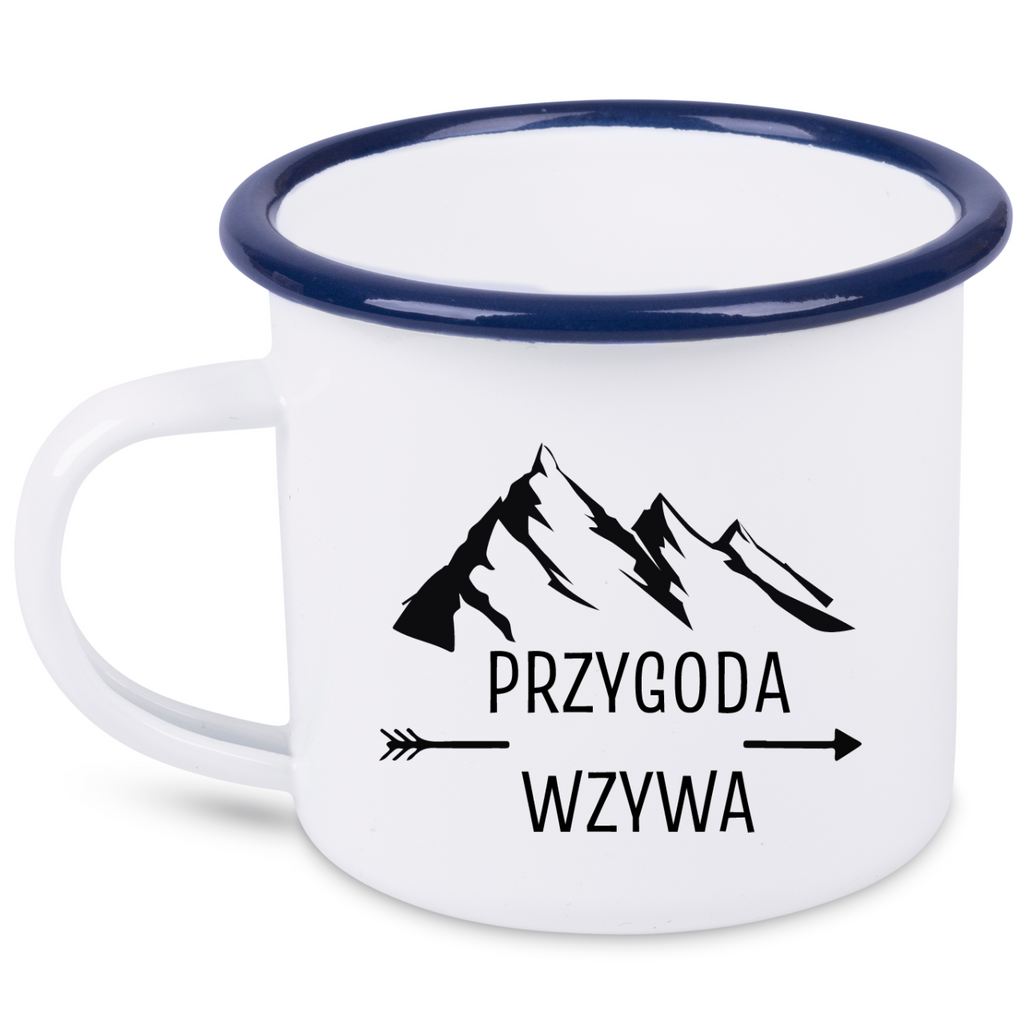 Kubek biały emaliowany z nadrukiem "Przygoda wzywa" #1