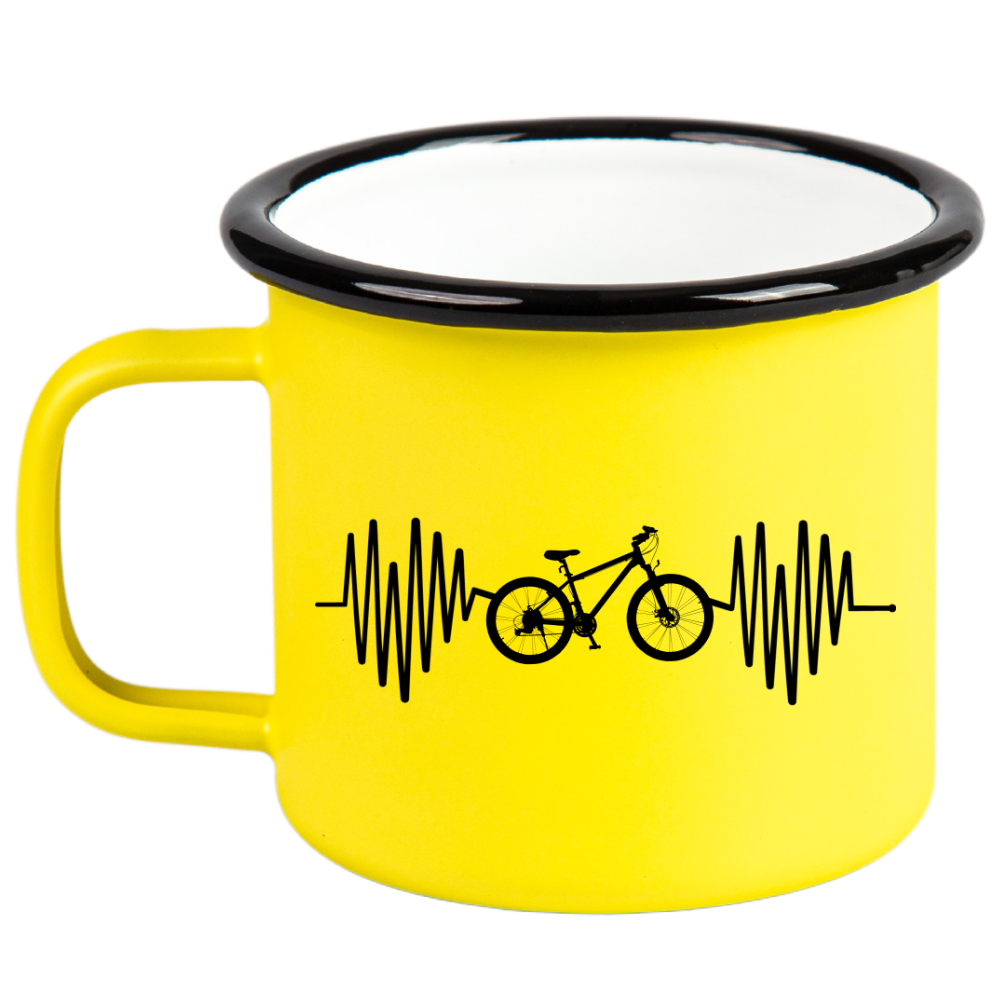 Kubek emaliowany żółty z grafiką rowerowe EKG, linia życia - dla rowerzystów #2