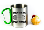 Kubek z zielonym karabińczykiem nadruk "Kocham Ćwiczyć" - siłownia #2