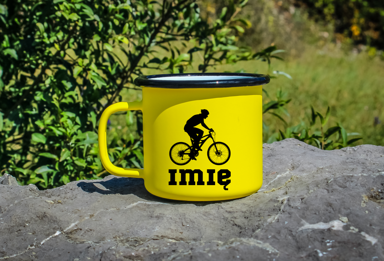 Kubek emaliowany żółty z nadrukiem roweru i imieniem do wyboru – dla rowerzysty #5